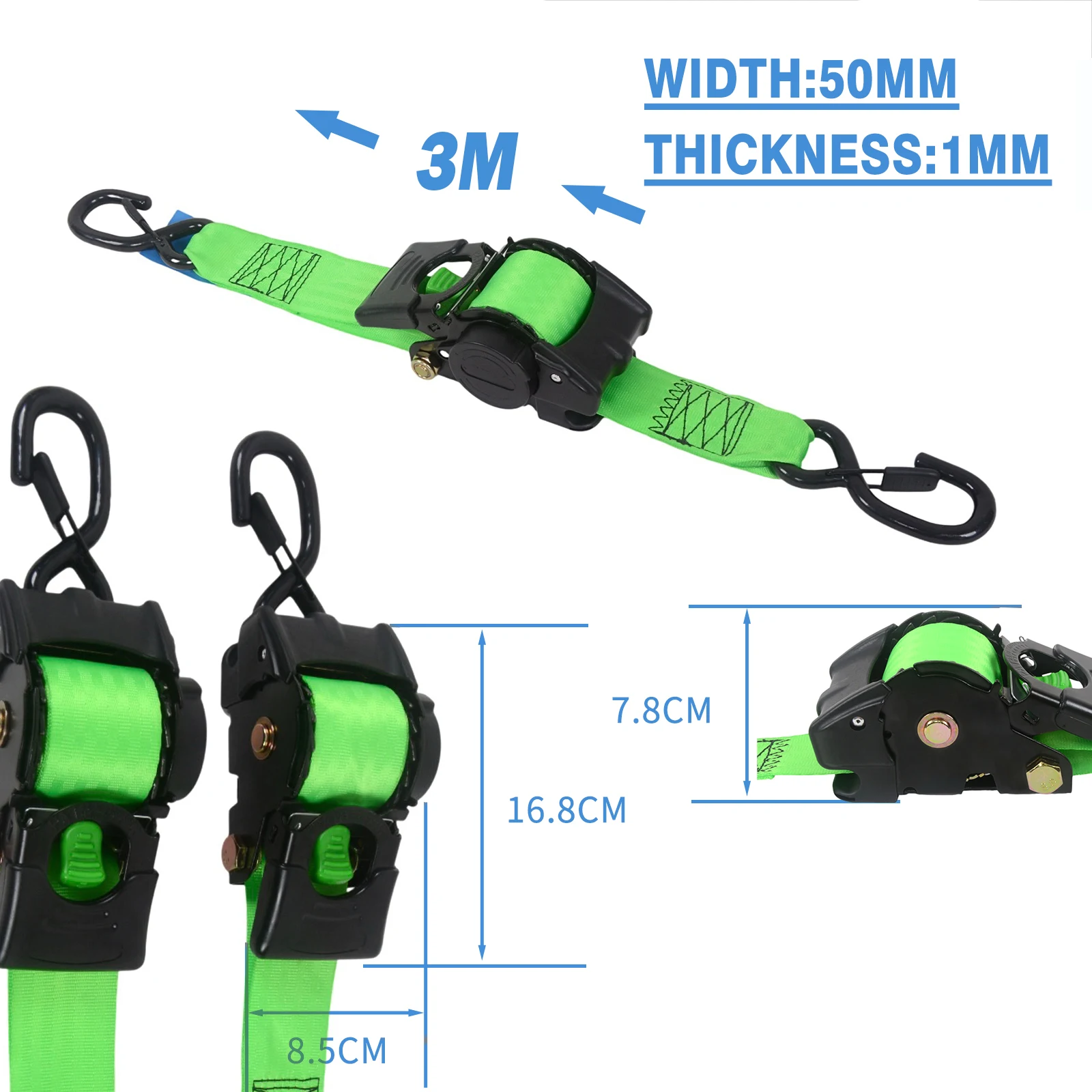 30CM Heavy Duty Retractable Ratchet Tie Down Straps Customized S-hooks For Ship/ATV/Lawn Tractors/Cargo/Box/Jetskiboats/Boats