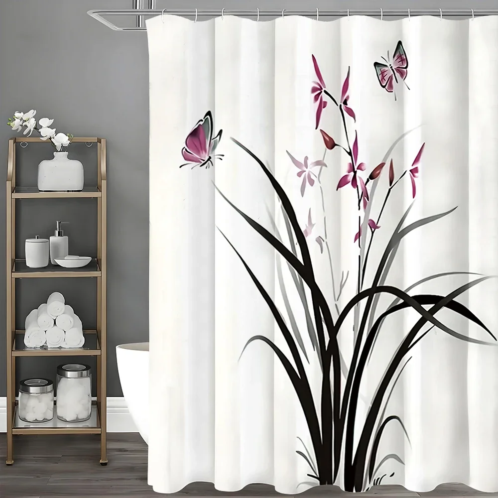 

Chinese Ink Painting Orchid Butterfly Shower Curtain, Bathroom Decorative Shower Curtain, Waterproof Shower Curtain with Hooks