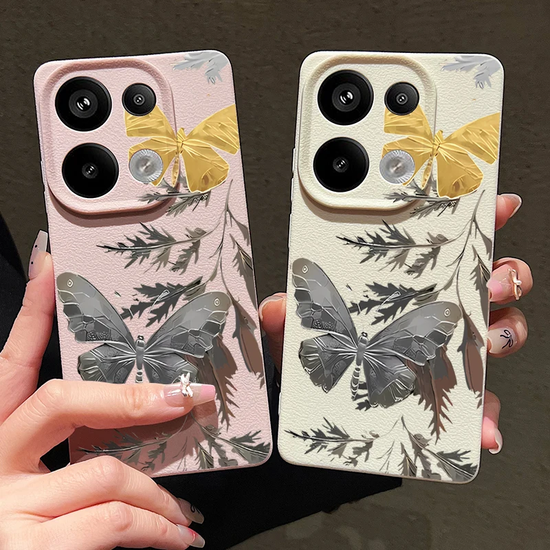 

Серый чехол для телефона с принтом бабочки для Xiaomi Redmi Note 14 13 Pro Plus 5G Note 13 12 11 14 Pro 13C 4G с текстурой кожи, чехол из ТПУ