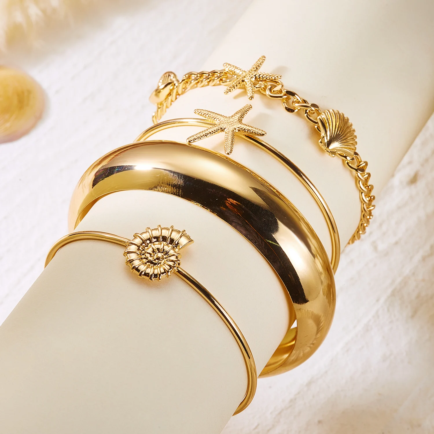 Ozean-Seestern-Muschel-Armband- und Ring-Sets für Damen aus Legierung mit Sonnenglanz, stapelbar, für Strandurlaub, Schmuckgeschenke – Detail 2