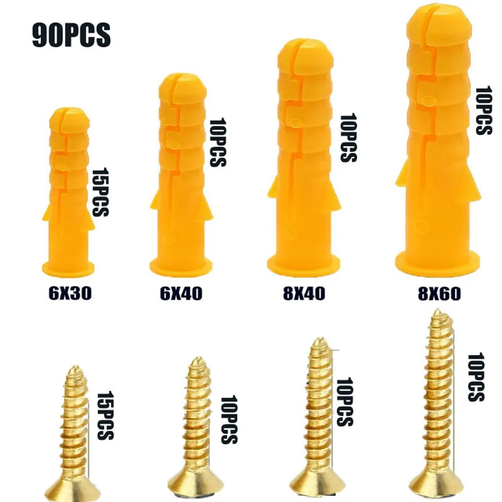 

90 комплектов пластиковых анкерных систем для гипсокартона, включающих саморезы M6, M8 и распорные анкеры для стен.