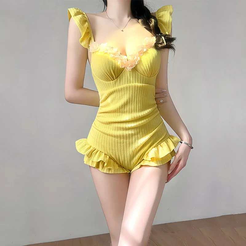 เซ็กซี่ kpop ดอกไม้ ruffles push up ชุดว่ายน้ํา one piece สีฟ้าสีชมพูสีเหลือง 3 สี ruched bodysuits บิกินี่น่ารักชุดชายหาด biquini