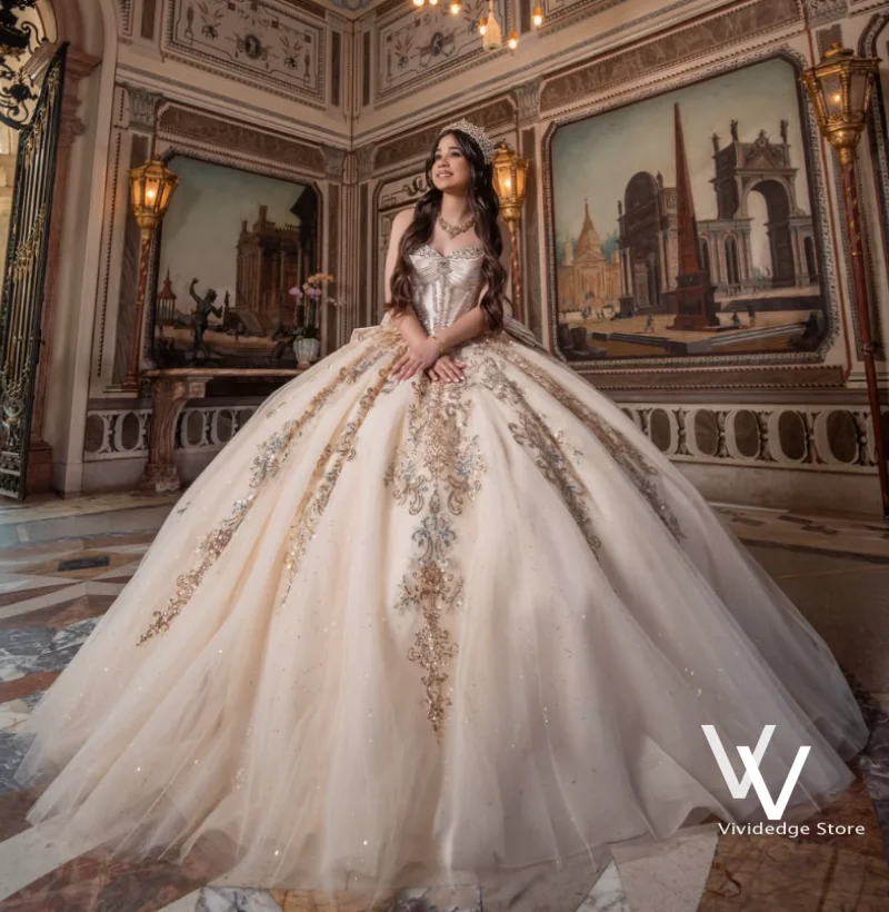 Champagne Gold Quinceanera Dresses Sweetheart Corset Bodice 3D Floral Sequin Tulle Ball Gown For Sweet 16 Birthday Customized