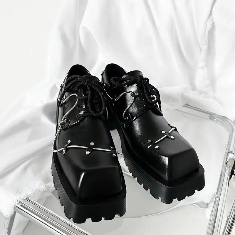 Square Toe Platform Black Derby Shoes Women/men 2024 New Autumn Winter Fashion Lace-Up Wedges Thick-Soled Height-Enhancing Shoes