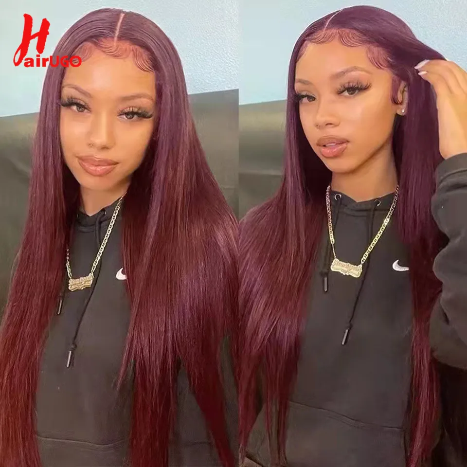 HairUGo 99J 13*4 Lace Front Human Hair Wigs Brazilian Remy Burgundy Straight Lace Front Wigs Transparent Lace