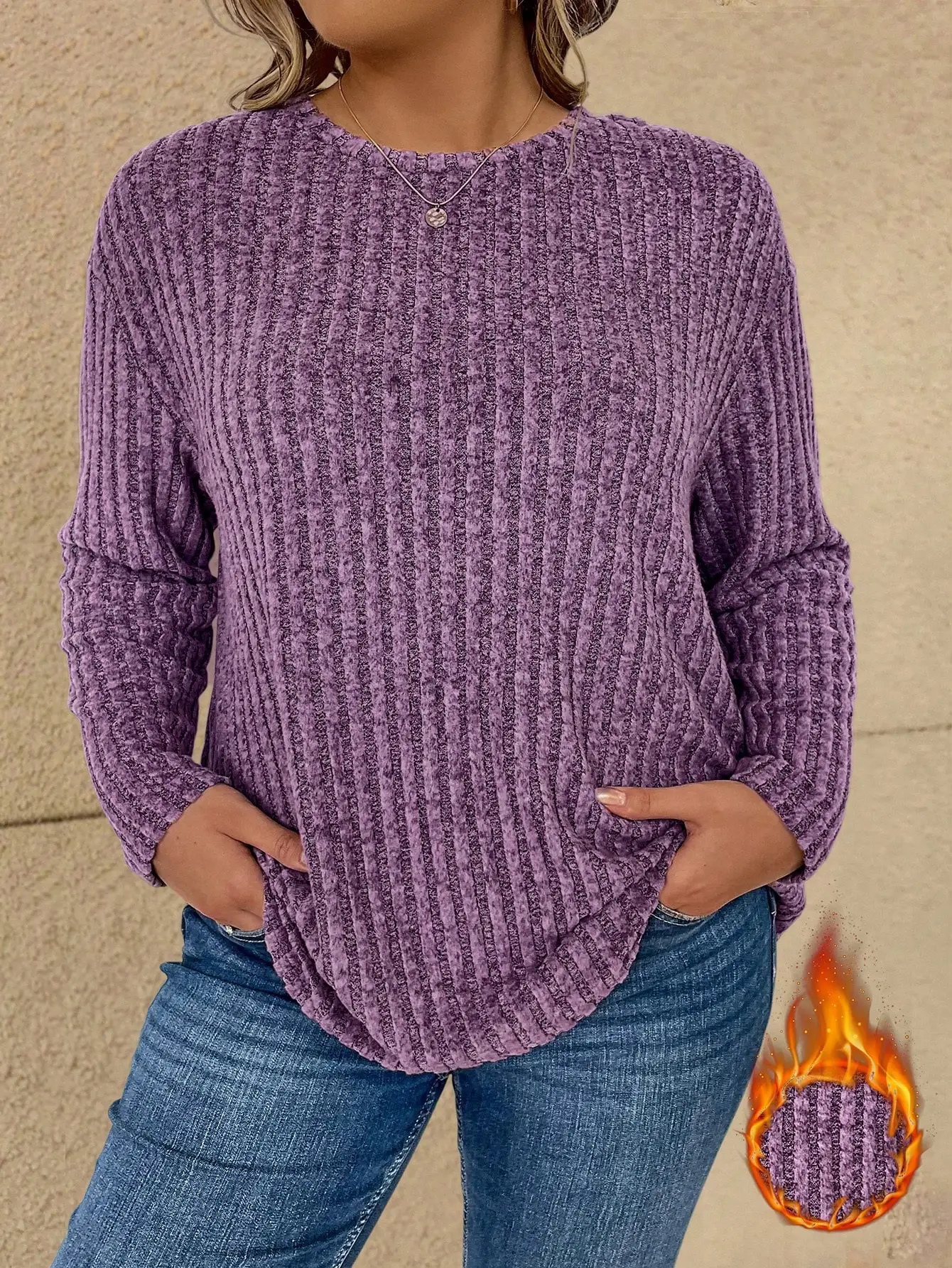 

Фиолетовый ребристый топ с длинными рукавами, спущенным плечом и изогнутым низом для женщин, теплый и комфортный для осени и зимы