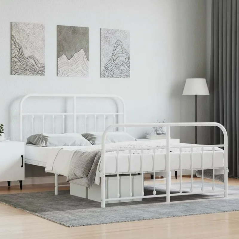 Cadre de lit métallique en acier thermolaqué 140 x 190 cm avec sommier à lattes, têtes et pieds de lit fonctionnels, espace de rangement sous le lit pour chambre principale, studio et espaces de rangement.