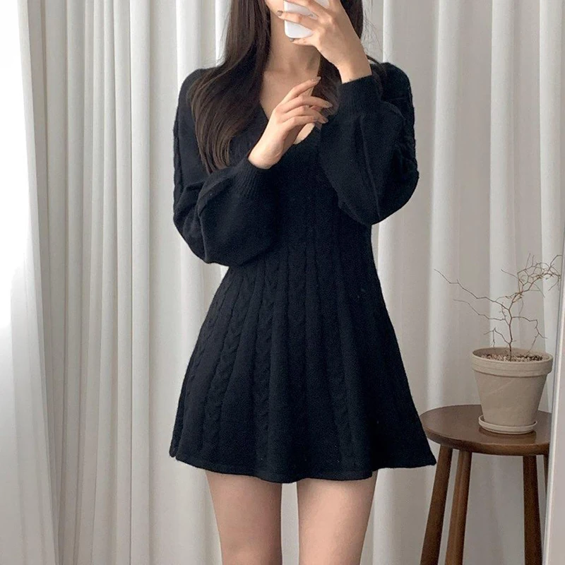 MEXZT Elegant Knitted Mini Dress Women Black Sexy V Neck Sweater Dresses Winter Korean Lantern Long Sleeve Bodycon Vestidos New