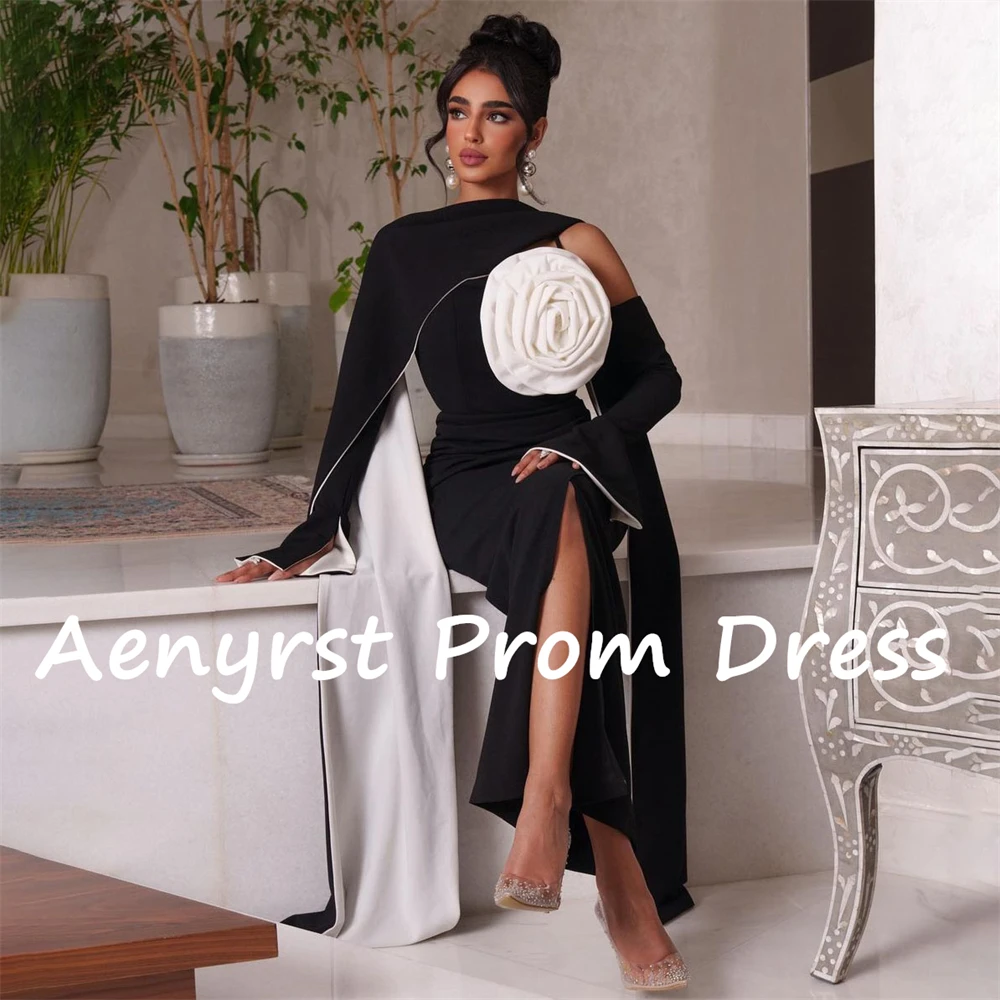 Aenyrst preto 3d flores mangas compridas vestidos de noite com cachecol sereia split vestido de baile comprimento do tornozelo vestidos de ocasião personalizados