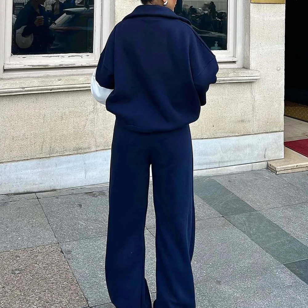 여성용 패션 캐주얼 투피스 세트 반카디건 풀오버 스웨트셔츠와 긴 바지 루즈핏 가을 겨울용