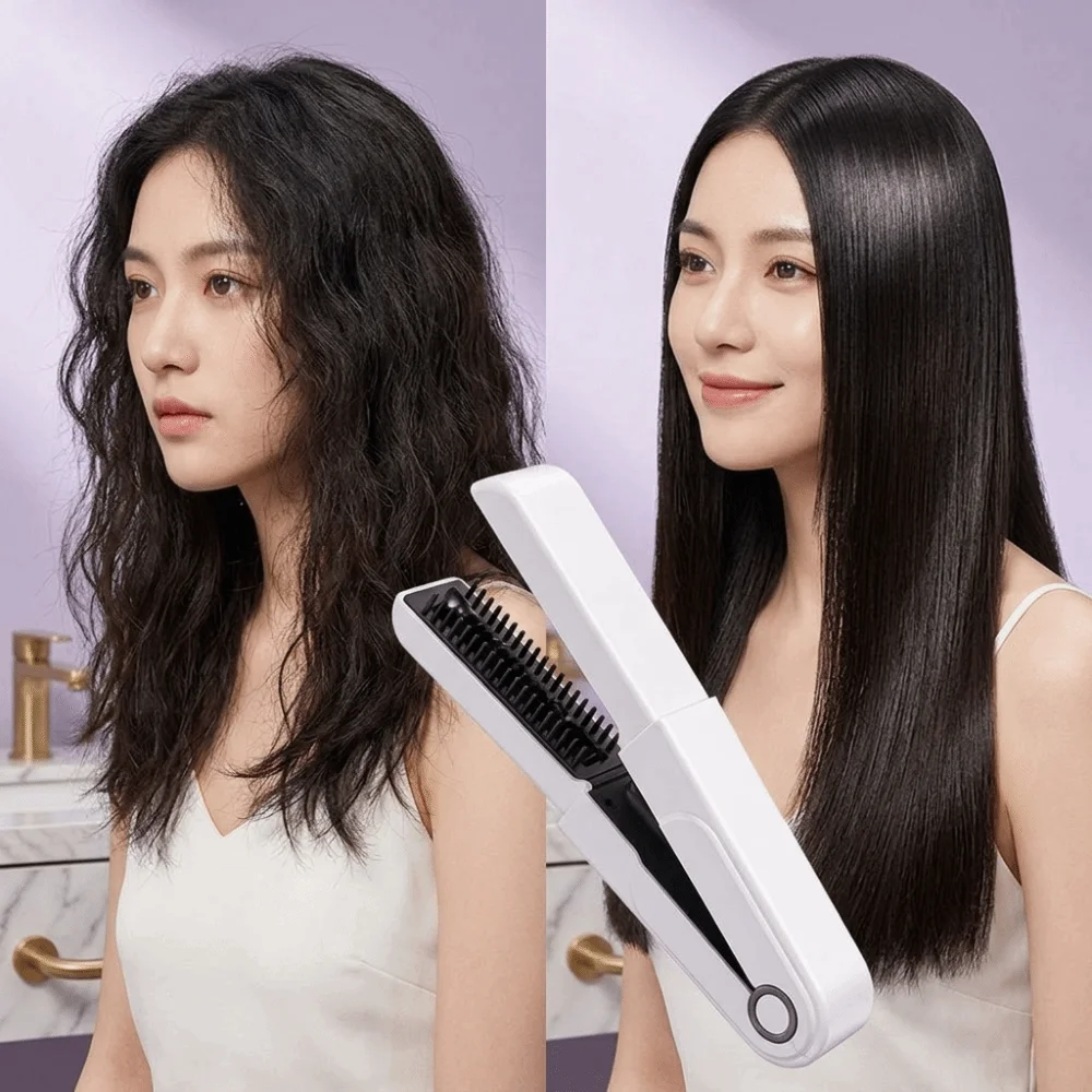 Cordless Hair Straightener Comb Mini 2 in 1 Portable Heating Brush Hair-Friendly Ceramic Glaze Heating Surface