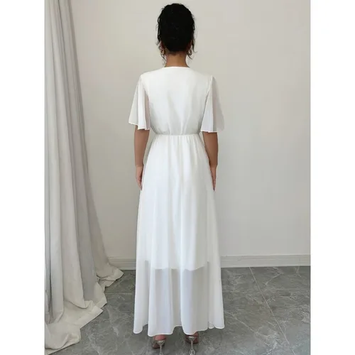 Imagen 2 del producto Vestido midi de gasa fluido de verano para mujer de talla grande, informal, con cuello en V, manga corta, cintura alta, vestido de playa bohemio, vestido largo para invitados de boda