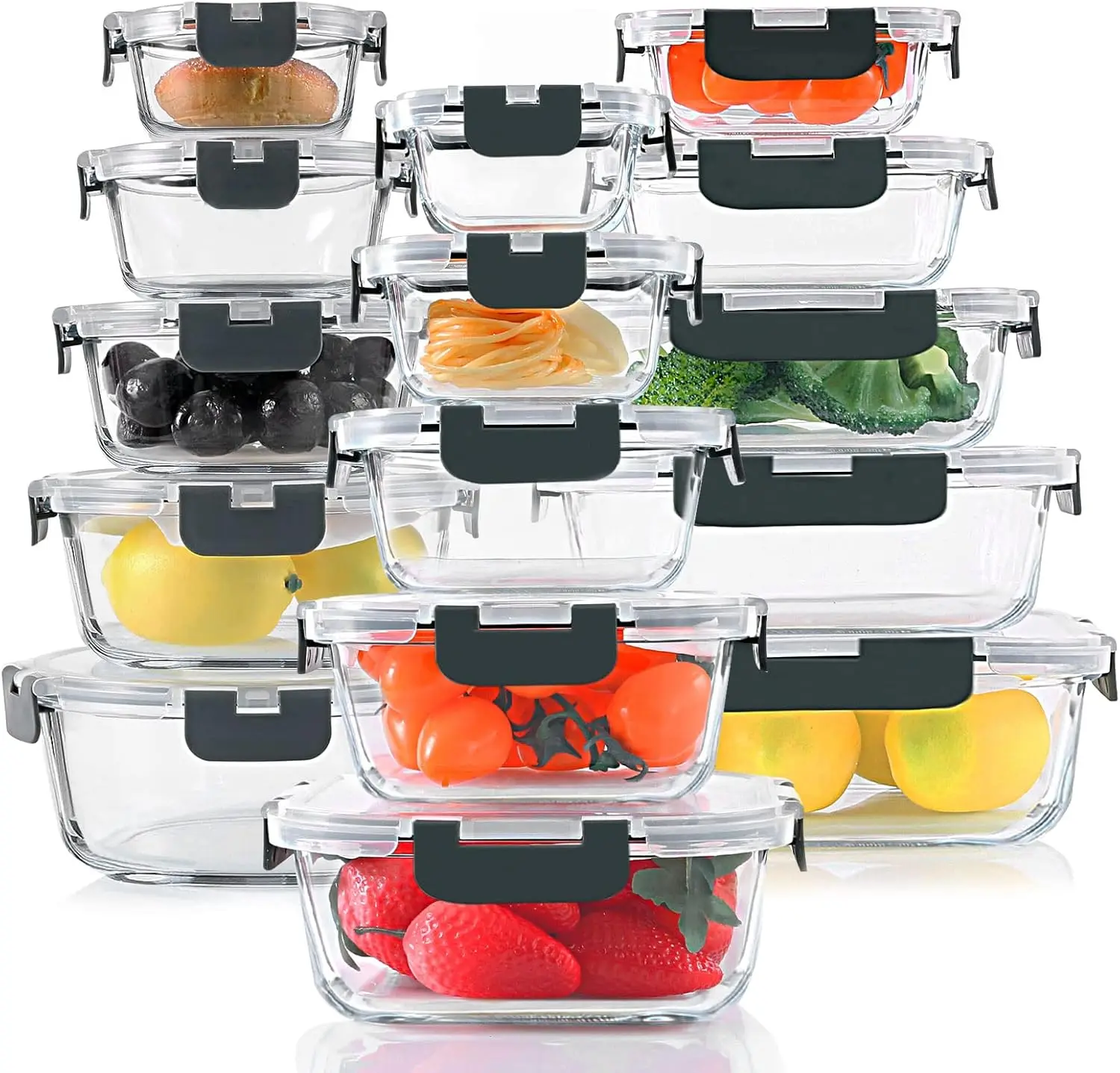 Set with Snap Locking Lids, Airtight Glass lunch Containers for Microwave, Oven, Freezer & Dishwasher,Gray