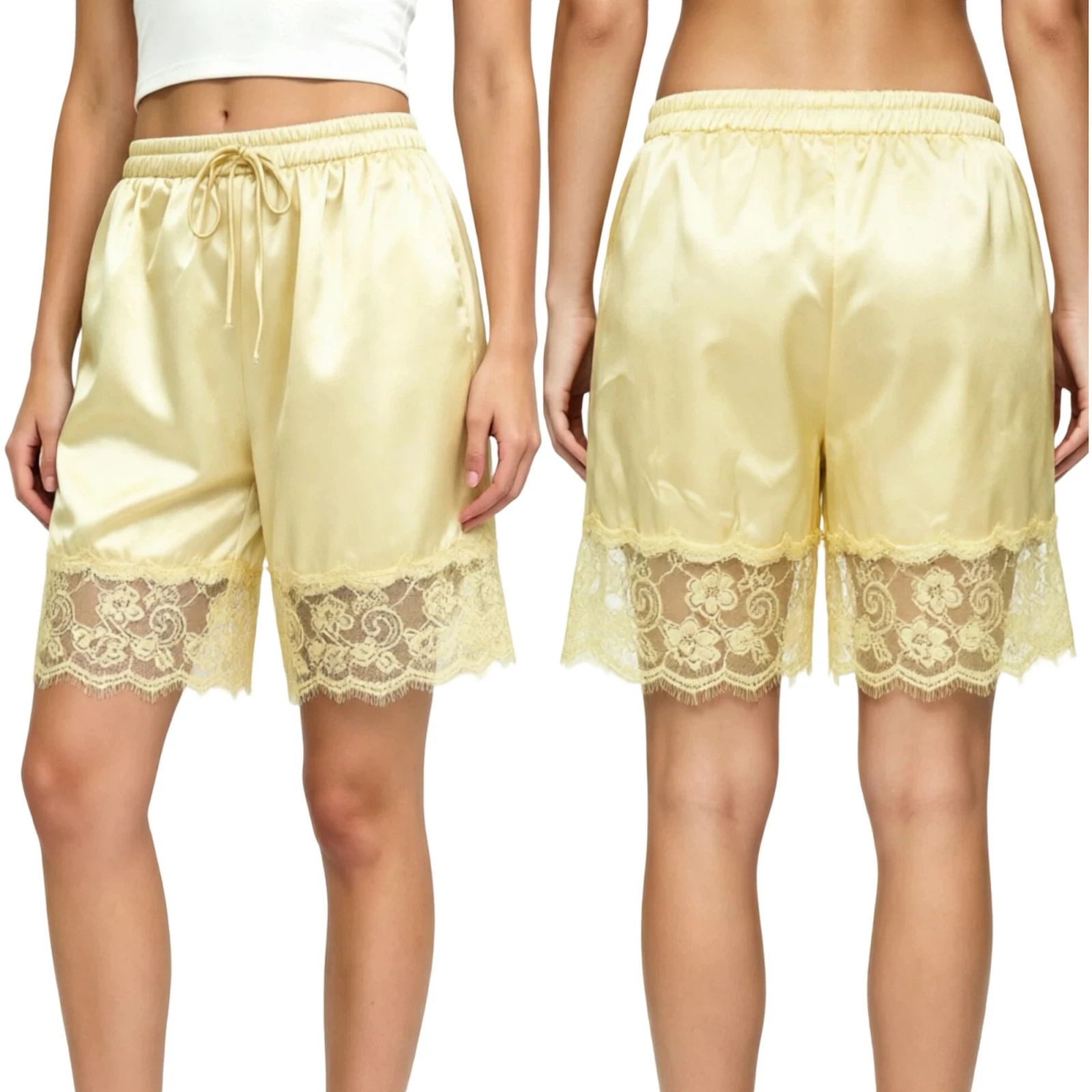Elegant Women Faux-Satin Casual Knee-Length Shorts Solid Color Straight-Leg Casual Lace Trim Drawstring Elastic Waist Mini Short