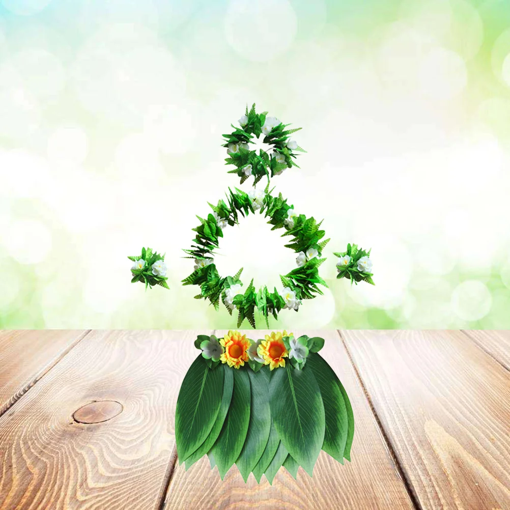 1 pezzo di gonna a foglia Hawaii set stampato con cintura regolabile ghirlanda fascia per capelli fiore a mano festa tropicale Hawaii