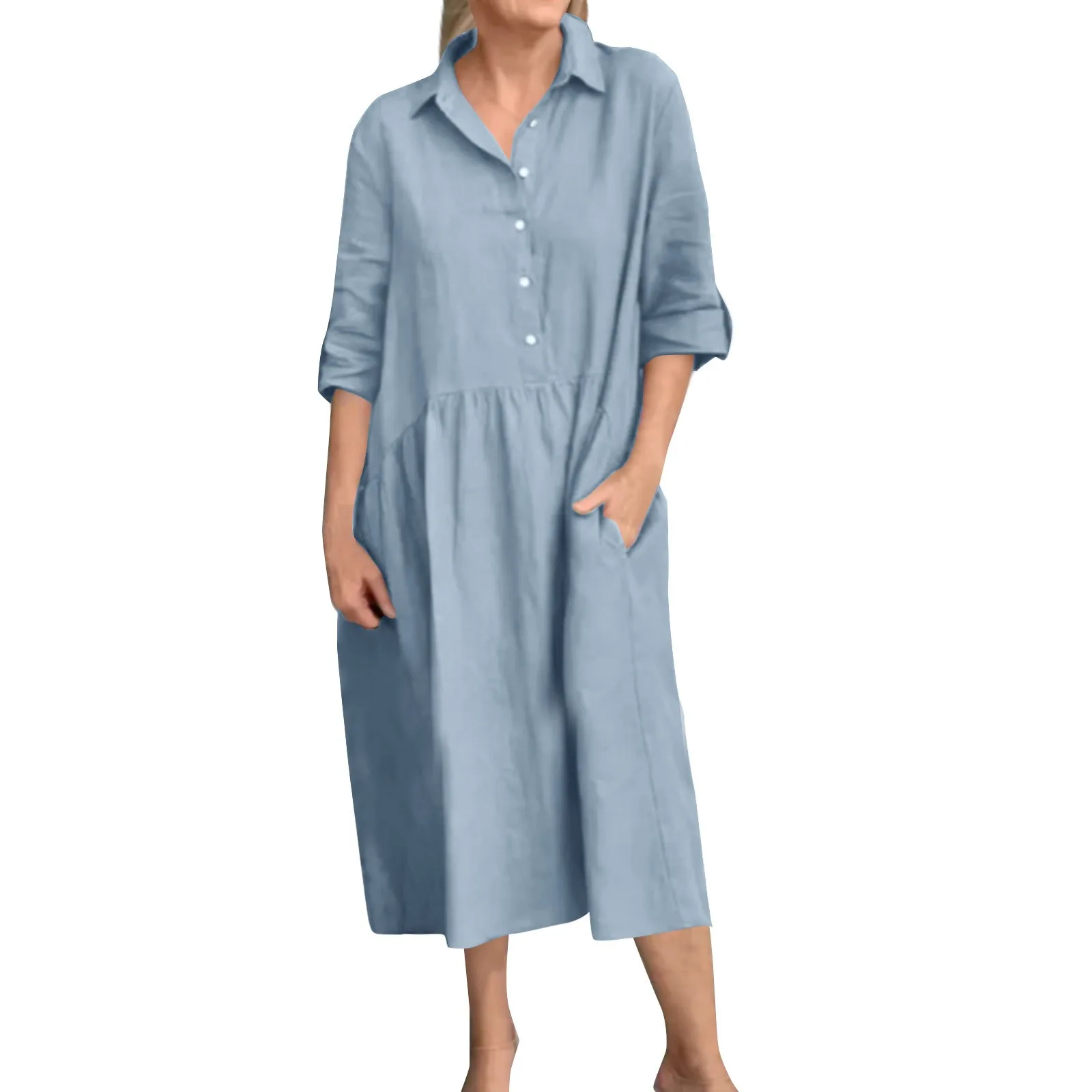 Oversized Casual Blend Loose Half Open Blouse Maxi Dress Summer Female Pocket Side Split Long Sand Beachwear Button Long Dresses