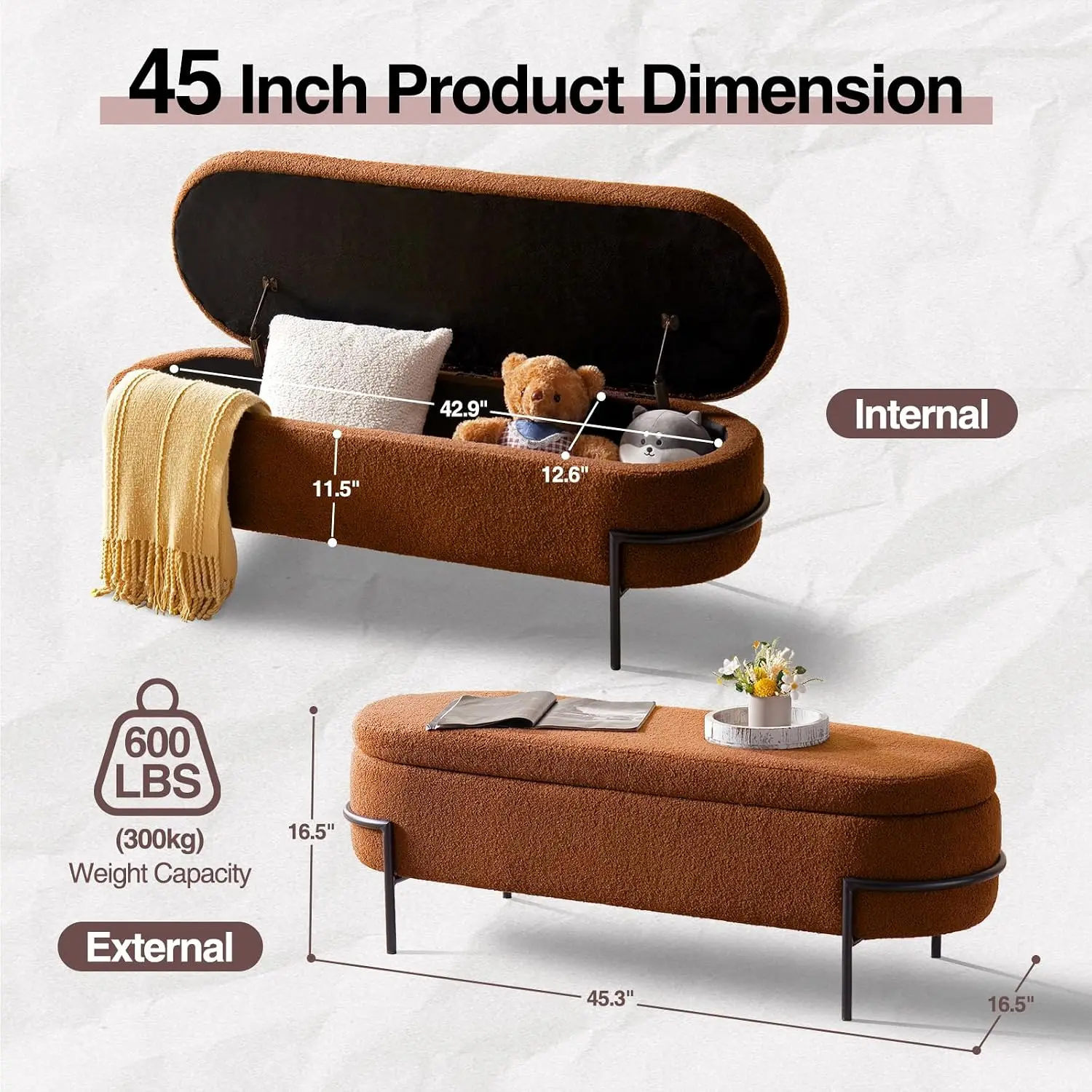 45 Inch Sherpa Storage Ottoman Bench,End Of Bed Bench, Customized