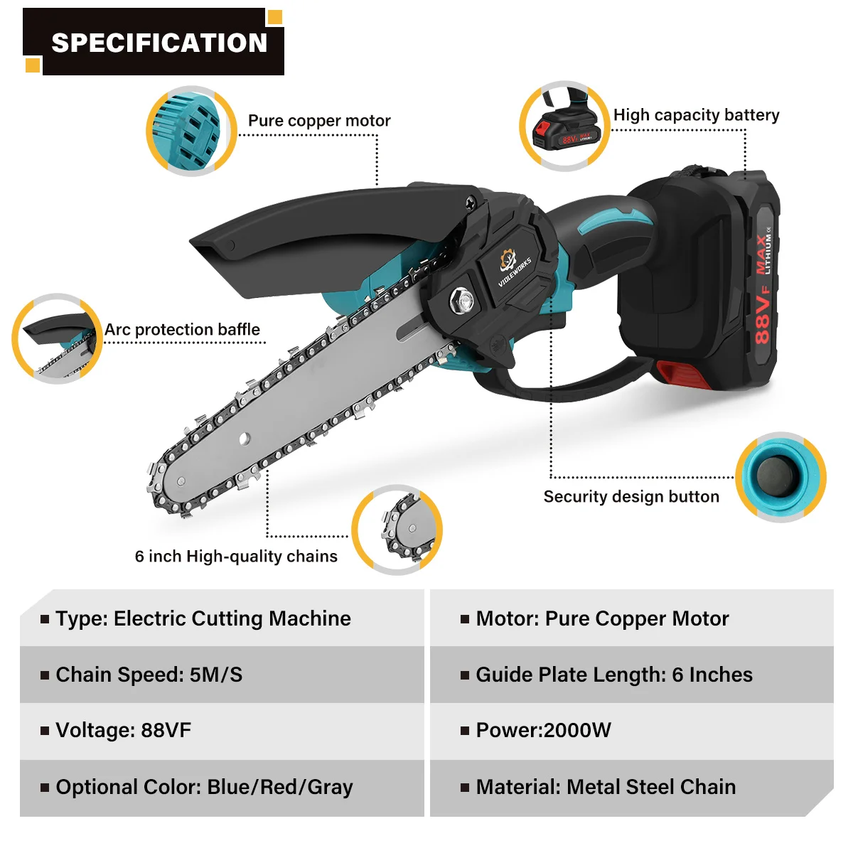 VIOLEWORKS 6 Inch Cordless Mini Chainsaw Tree Branches Wood Cutter Rechargeable Electric Chain Saw for Makita 18V Battery