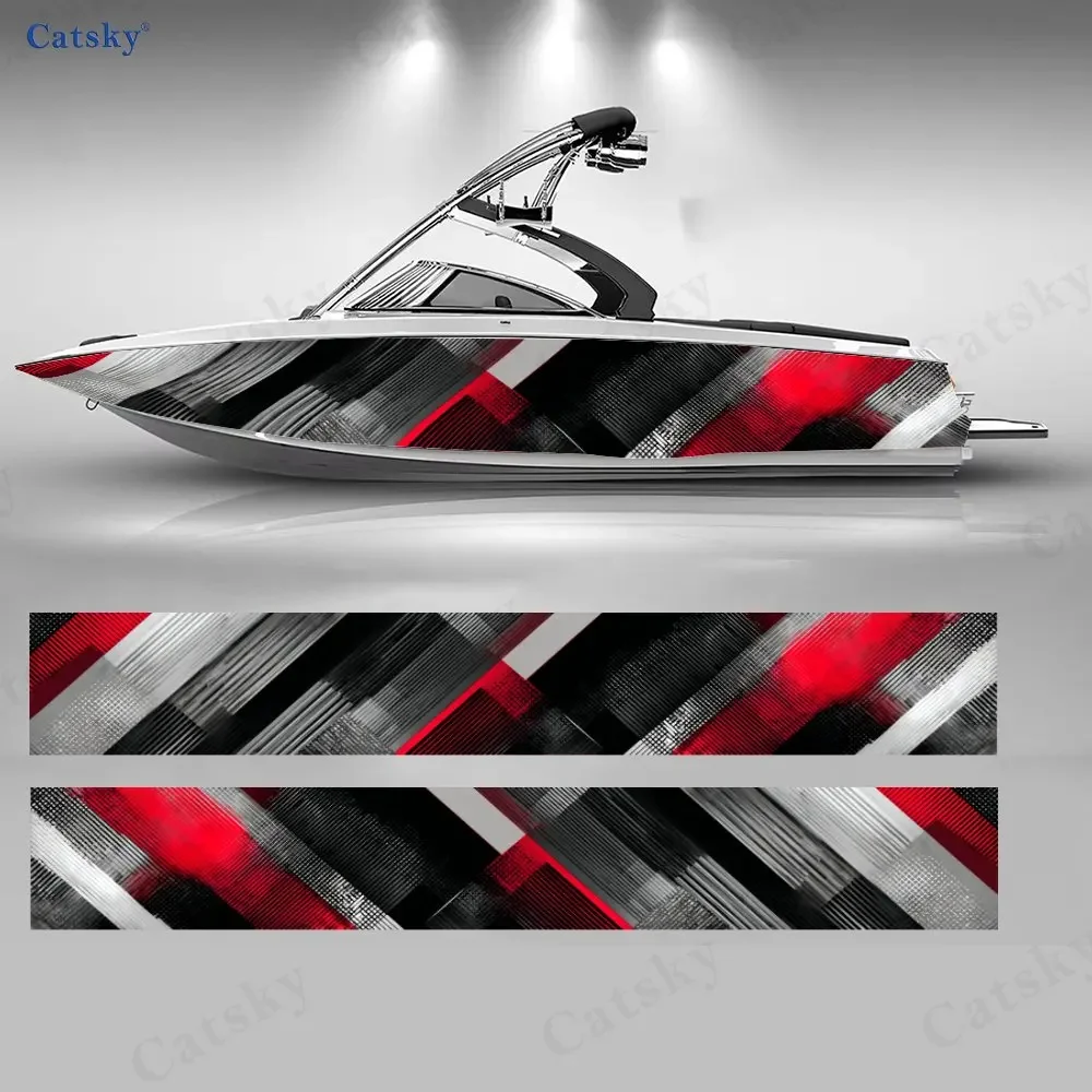 2Pcs Red & Grey Diagonal Blocks Boat Stickers, PVC Waterproof Vinyl Wrap Decals for Fishing Boats, Durable and Stylish Design