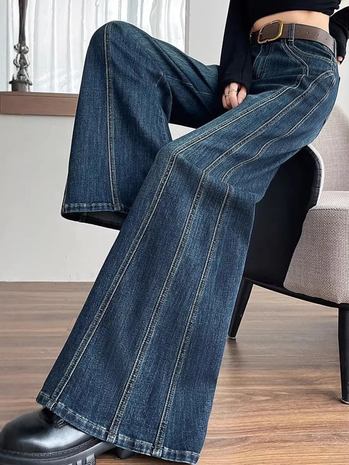 

Women's Vintage Washed High Waist Wide Leg Jeans Contrast Stitching Belt Detail Denim Pants 2 Styles