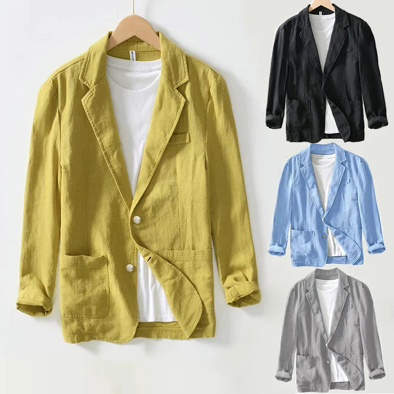 Trend Spring Autumn Good Quality Linen Blazer For Men Business Casual Solid Color Simple Double Buttons Thin Male Suits Jackets