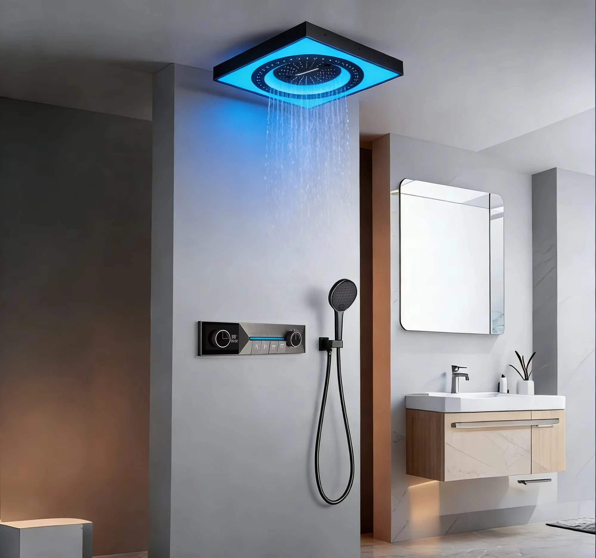 Luxury Ceiling Embedded LED Music Rainfall Waterfall Shower System Black Brass 4 Functions Thermostatic Shower Set