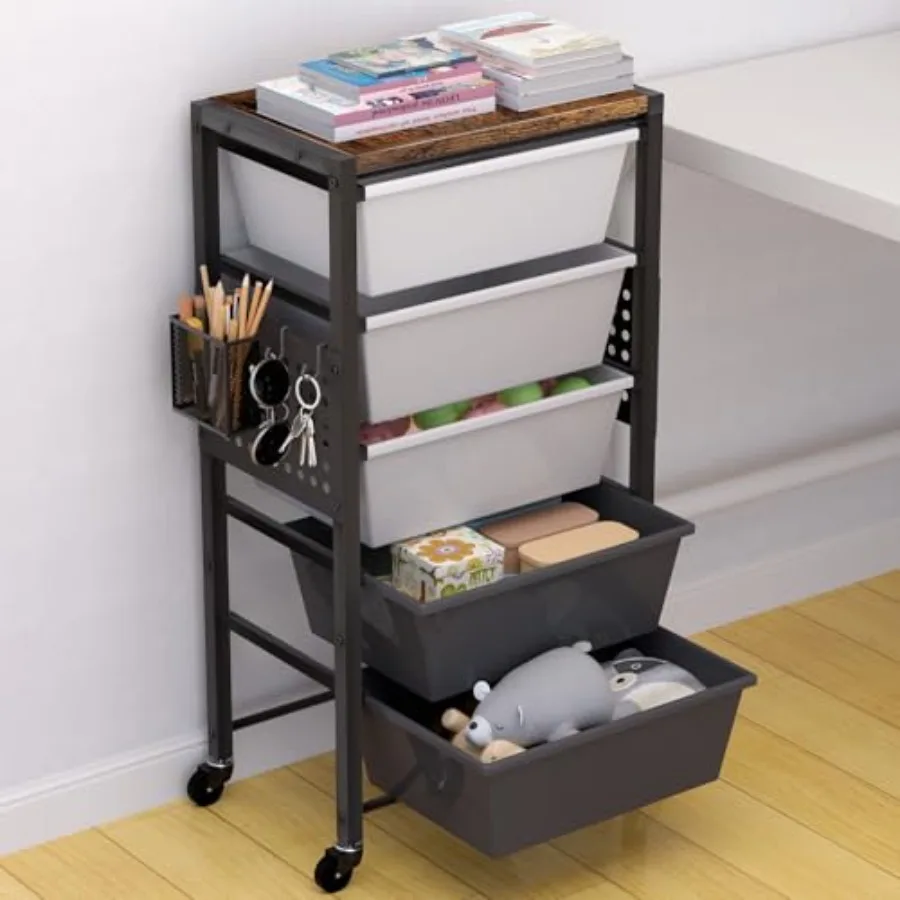 

Rolling Cart with Drawers, Rolling Storage Cart with Large Plastic Drawers and Wooden Tabletop, Utility Cart with Pegboards and