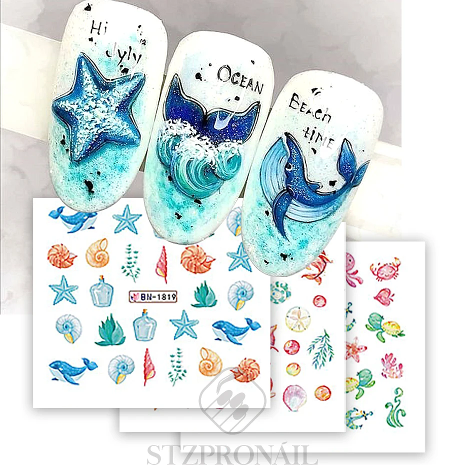 Pegatinas de animales del océano para manicura, calcomanías de transferencia de agua DIY, ballena de dibujos animados de mar, decoración de uñas, puntas SLBN, 12 piezas