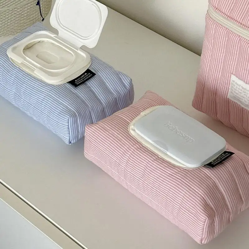 New Striped Quilted Wet Wipe Pouch Portable Pull Out Tissue Bag Multipurpose Wet Tissue Case Living Room Organizer