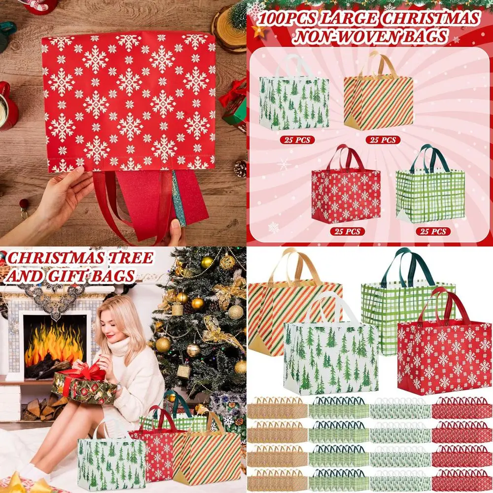 

Набор из 100 больших красно-зеленых полосатых сумок-тоут для покупок продуктов - многоразовые и прочные