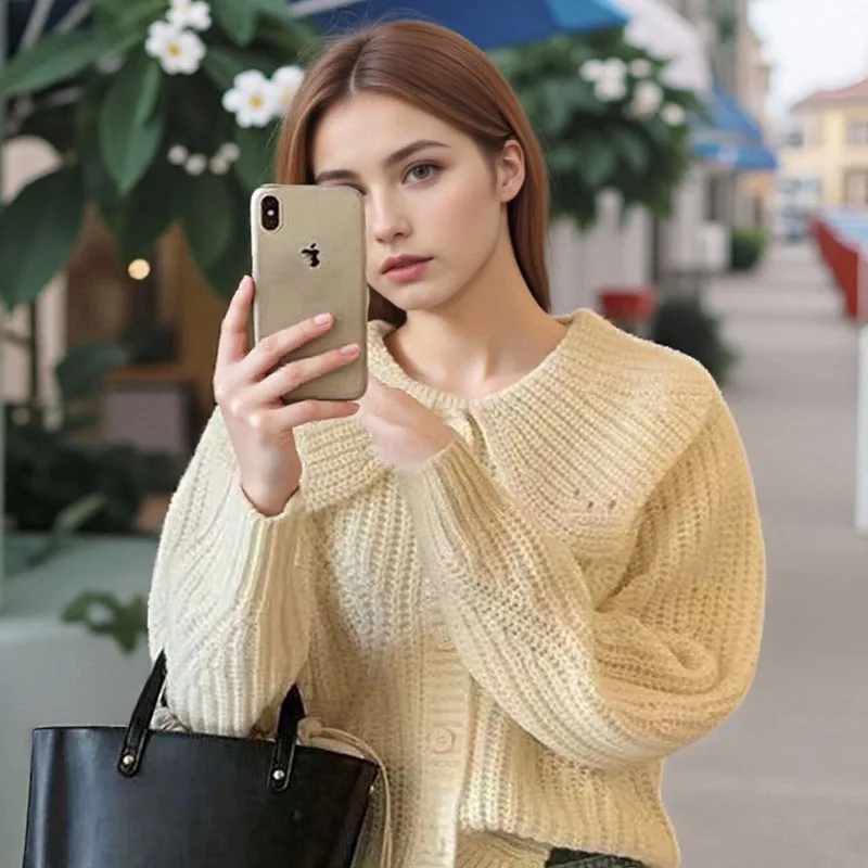 

Autumn and winter French style lapel large single-breasted women's sweater jacket, fashionable loose long-sleeved cardigan