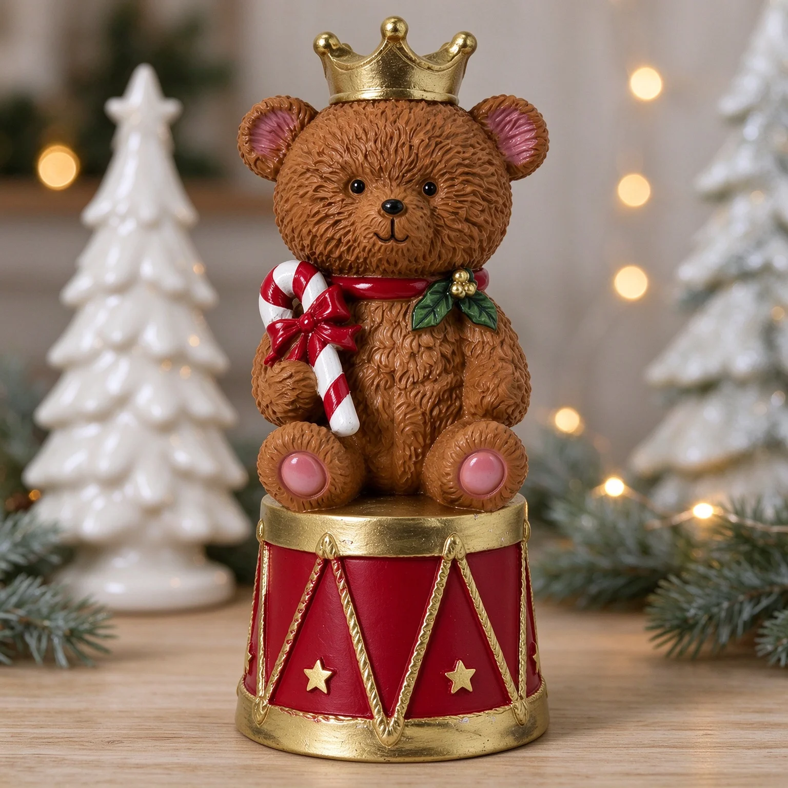 Christmas Crown Teddy Bear Resin Figurine on Red Drum, Tabletop Xmas Ornament Home Holiday Desktop Decoration Gift