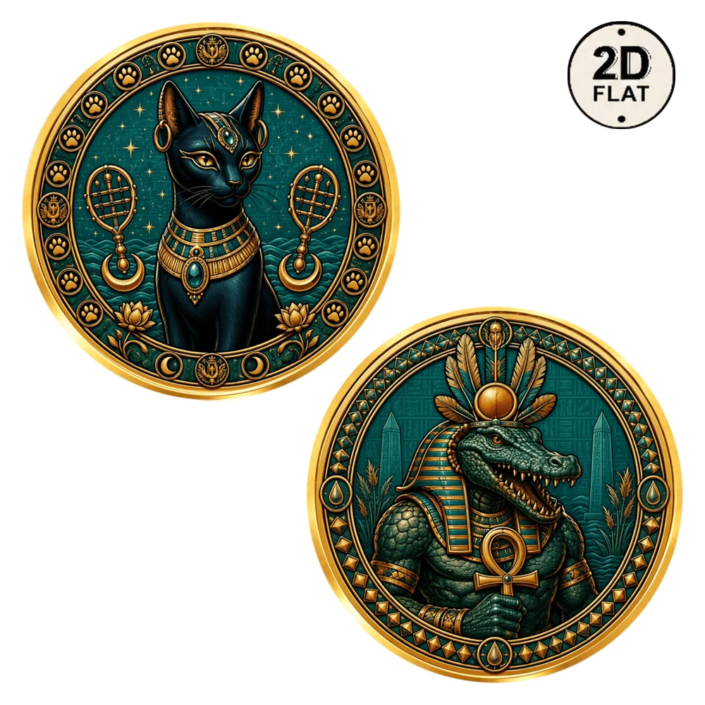 1pc Egyptian Bastet Cat & Sobek Crocodile Challenge Coin 2D Print Ancient Egypt Myth Collectible Medal Mythology Keepsake Gifts