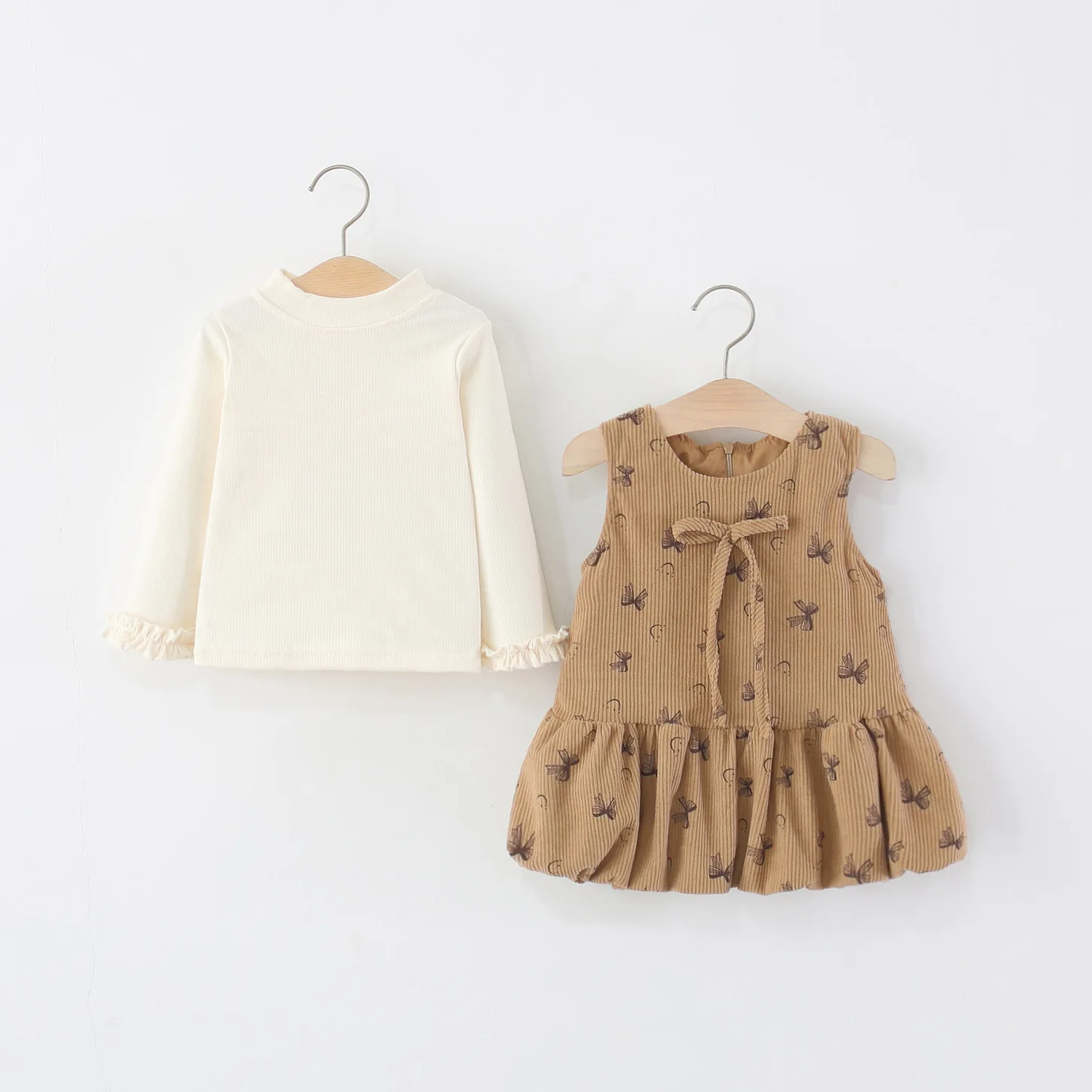 

2025 autumn new bow-printed corduroy two-piece set, girls' Korean version top + bud skirt set
