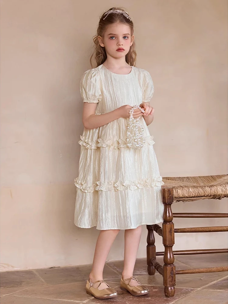 Baby Girls Princess Dresses Spring Summer Wedding Flower Girl Wear Kids Birthday Clothing Beige Short Sleeve Dress 110cm 170cm