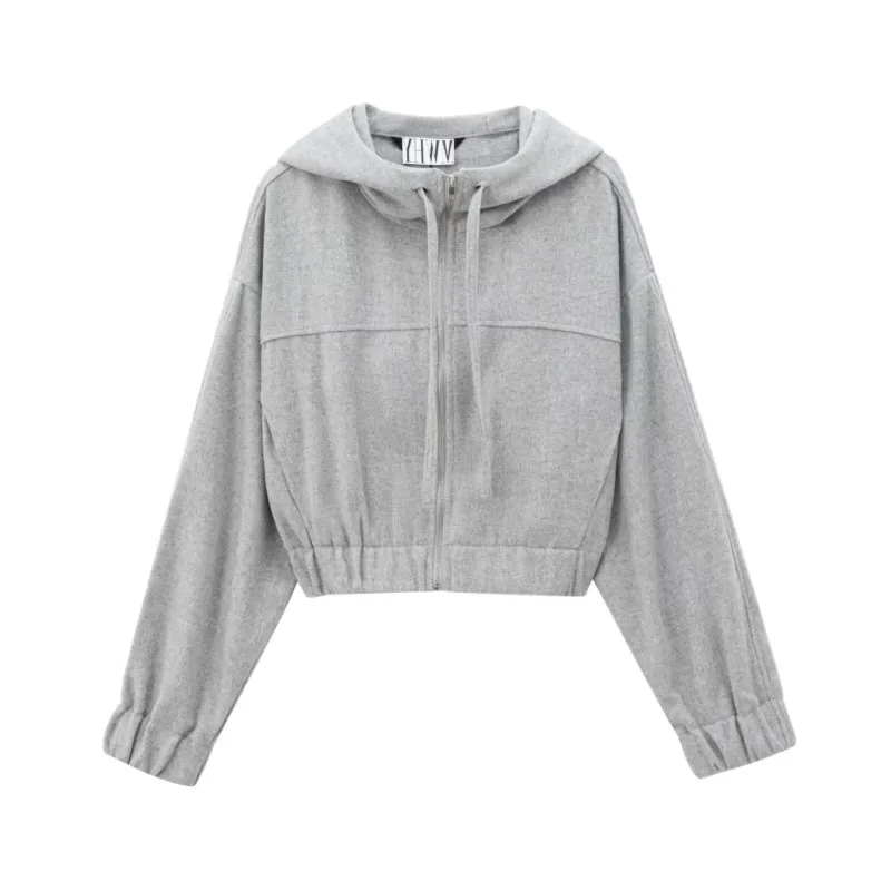 TRAF Soft Short Hoodies Women Autumn Knitted Casual Hoodies Zipper Vintage Lace Up Woman Coat Pocket Pullovers Female Outerwear