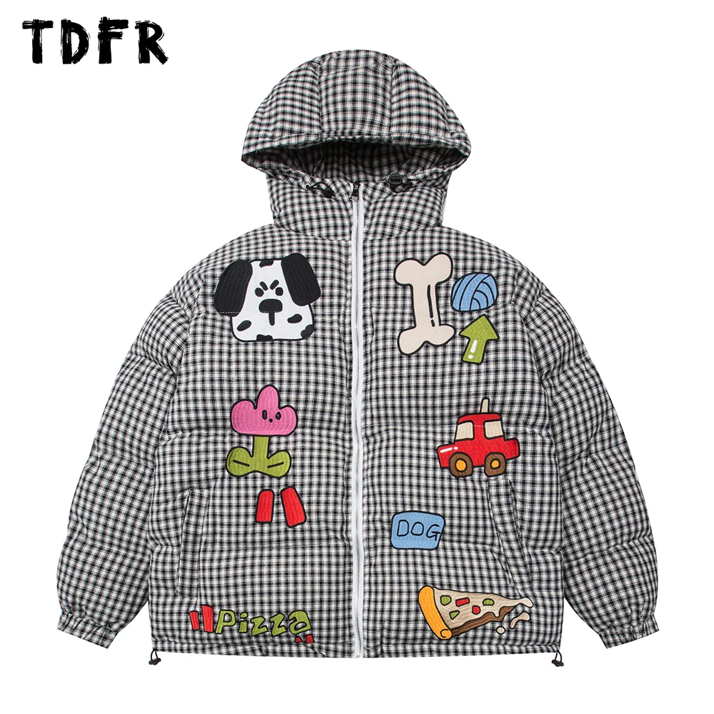 Cartoon Borduren Geruite Gewatteerde Jas Heren Winter Retro Casual Losse Trekkoord Zoom Capuchon Dikke Gewatteerde Jas Mannen