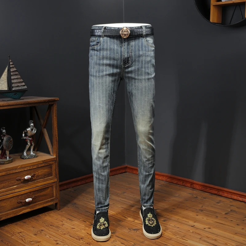 

Мужские джинсы Slim Fit с полосатым принтом, из хлопка и стрейч-денима, износостойкие, повседневные, весенняя мода, бренд ex