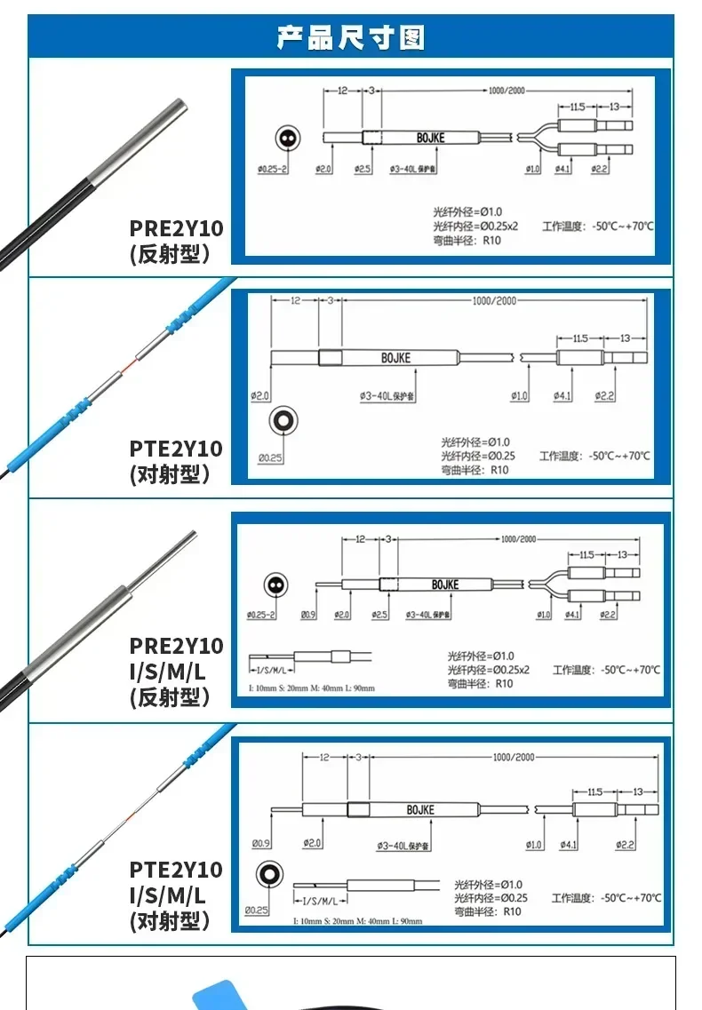 PRE2Y10 20 PTE2Y10I 2mm ultra-fine core thru-beam reflective fiber optic sensor