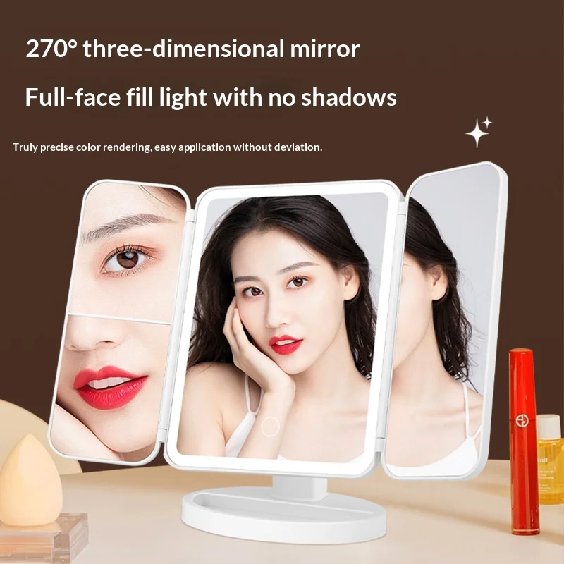 Led Makeup Mirror Desktop Fill Light Magnification Three-Sided Folding Shell Mirror Rotating Storage Princess Dressing Mirror