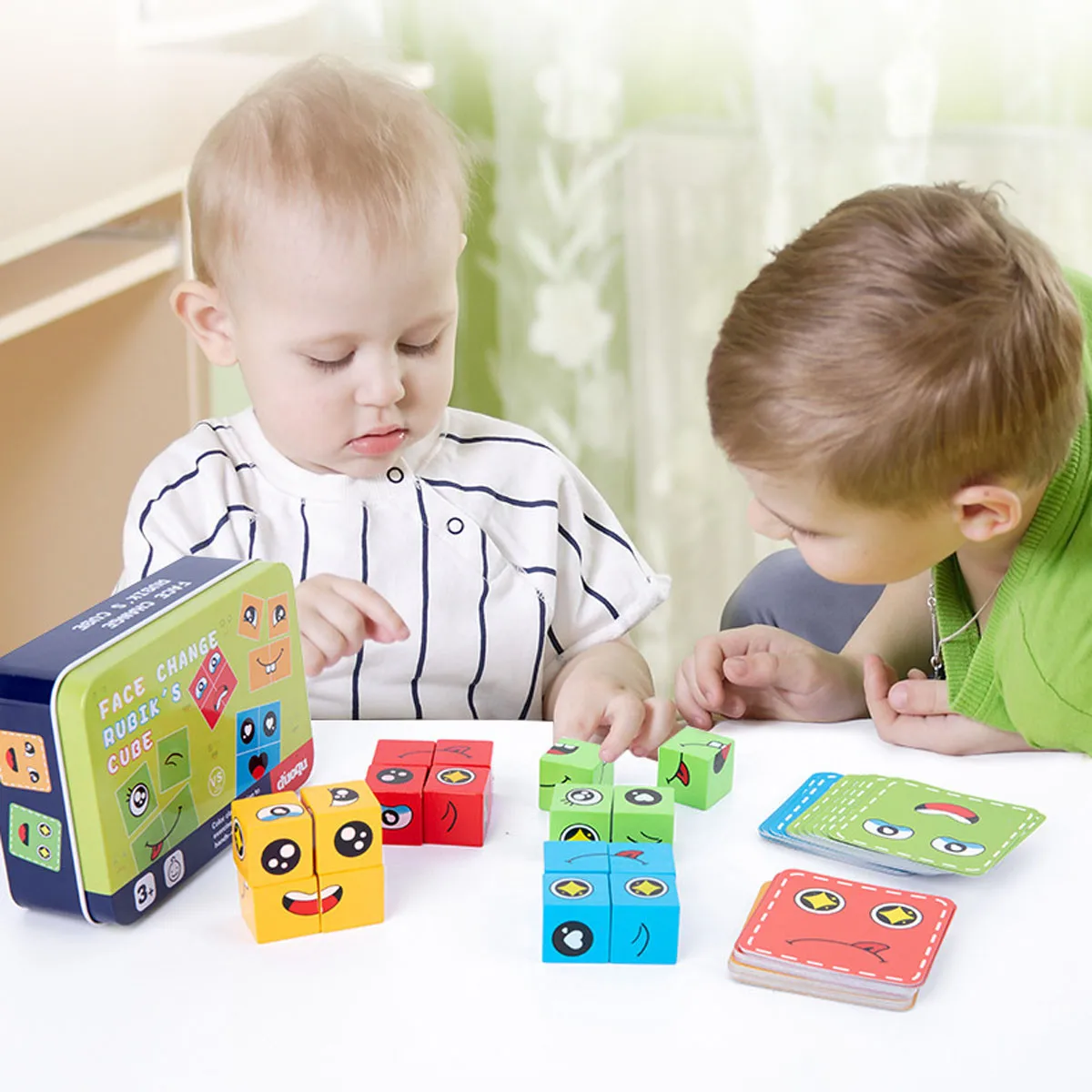 مكعب تغيير شكل الوجه لبنات البناء لعبة ألغاز خشبية التعبير عن مونتيسوري كتل خشبية كتل كتل لعب أطفال هدية