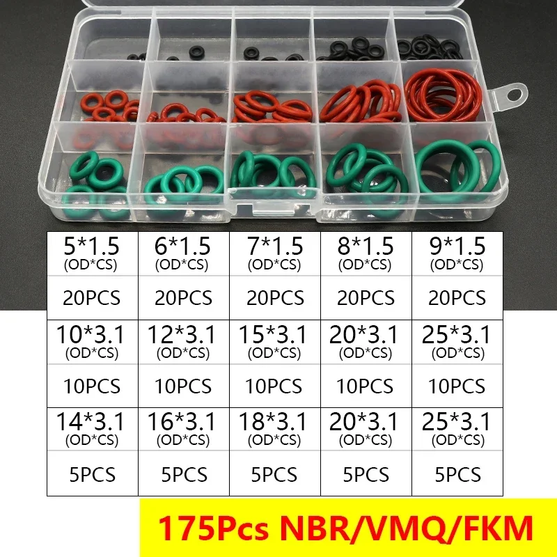 Đóng Hộp VMQ NBR FKM O Bộ Vòng Cao Su Máy Giặt Hải Cẩu Assortment Đỏ/Đen/Xanh Chữ Ô Hải Cẩu bộ Chất Lượng Cao Cho Xe Hơi Gioăng