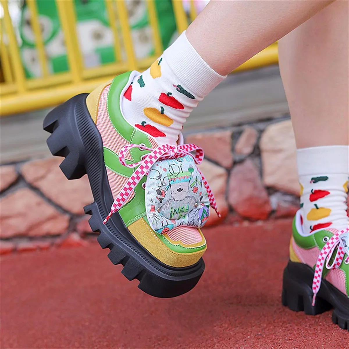 Japanese Kawaii Girls Shoes Comfortable Round Head Thick Bottom Grid Cotton Doll Sweet Lacing Strap Pu Splicing 5.5cm Shoes