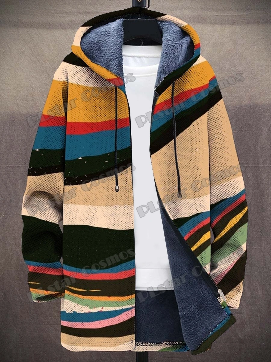 Color Geometric Patterns Retro Art 3D Printed Men's Fashion Plush Thick Hooded Coat Winter Casual Warm zipper jacket CM05