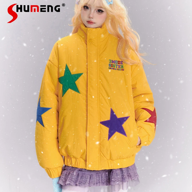 New American Stand-up Neck Cotton-padded Coat Women's Winter Loose Star Cartoon Letter Embroidered Bread Parkas Jaqueta Feminina