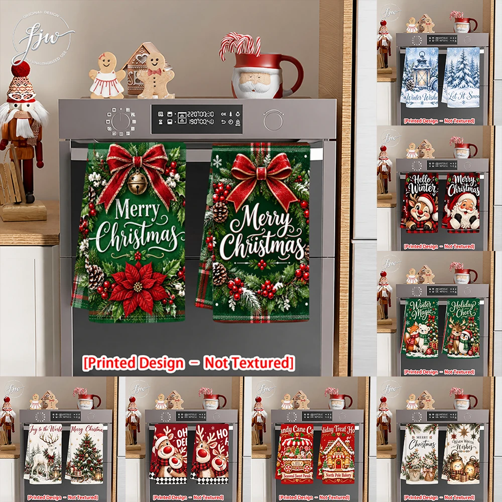 2pc Christmas Kitchen Towels Set, Dish Towels for Winter Kitchen Decor Printed Seasonal Cloths for Cooking & Baking