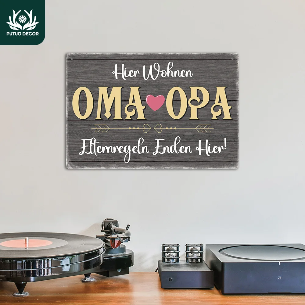 Putuo Decor 1 Stück deutsches Vintage-Metallblechschild, HIER WOHNEN OMA & OPA ELTERNREGELN ENDEN HIER!, Geschenk für Opa und Oma