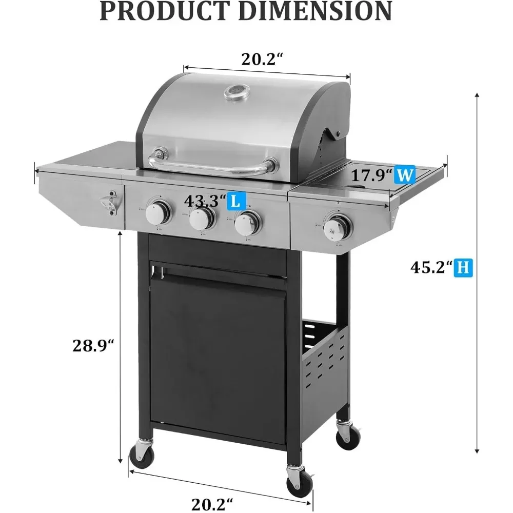 3-palnikowa propanowo-gazowy grill BBQ z bocznym palnikiem Żeliwne tarcze z emalii porcelanowej Wbudowany termometr Grill ogrodowy