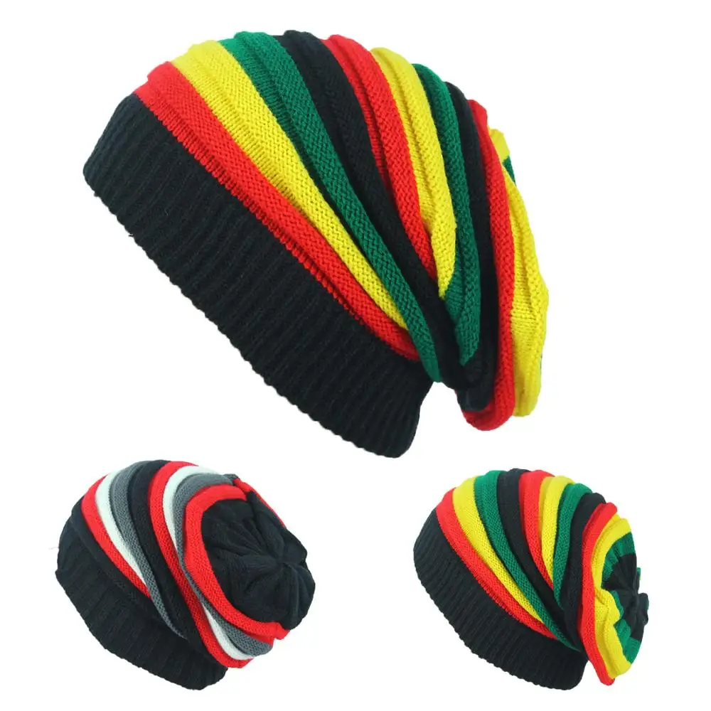 Men Women Winter Hats Rasta Knitted Beanies for Ladies New Hip Hop Cap Patchwork Striped Ski Bonnet Homme Hiver