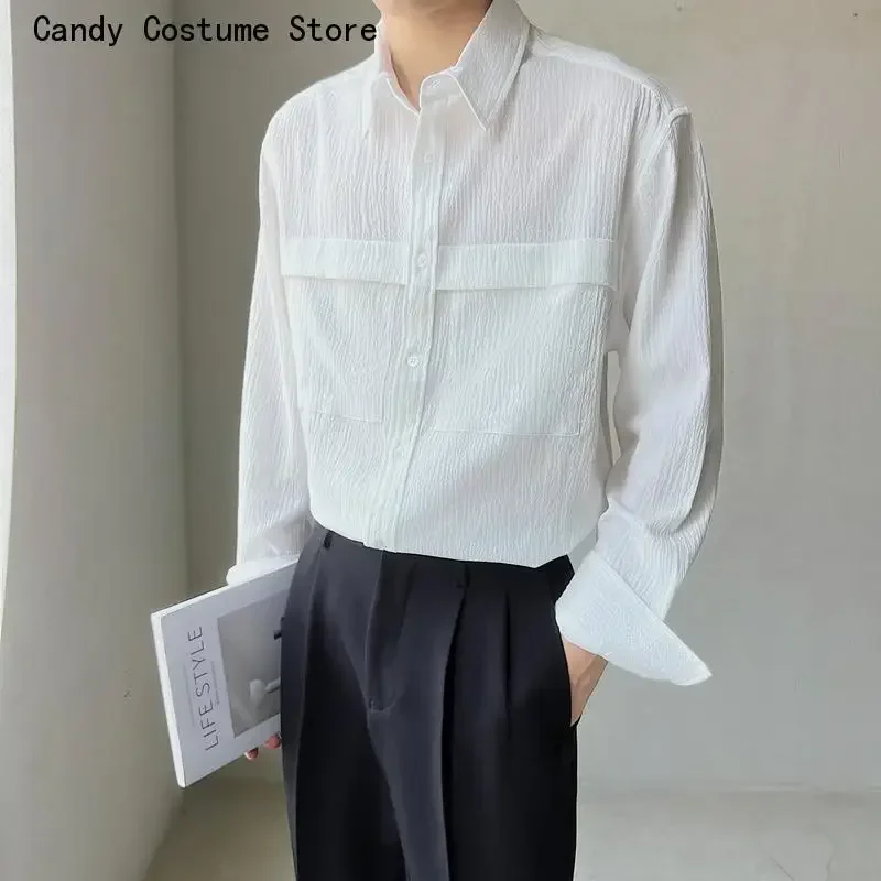 

Men's Texture Shirt with Big Pockets, Loose Shirts, Solid Long Sleeve, Turn-Down Collar, Male Blouse, High Quality Tops, Autumn